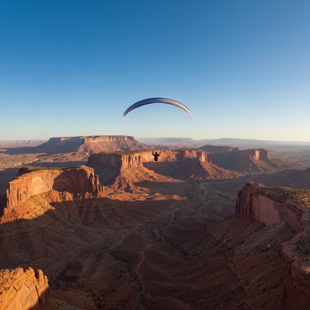 Paraglider soaring over Moab red rocks