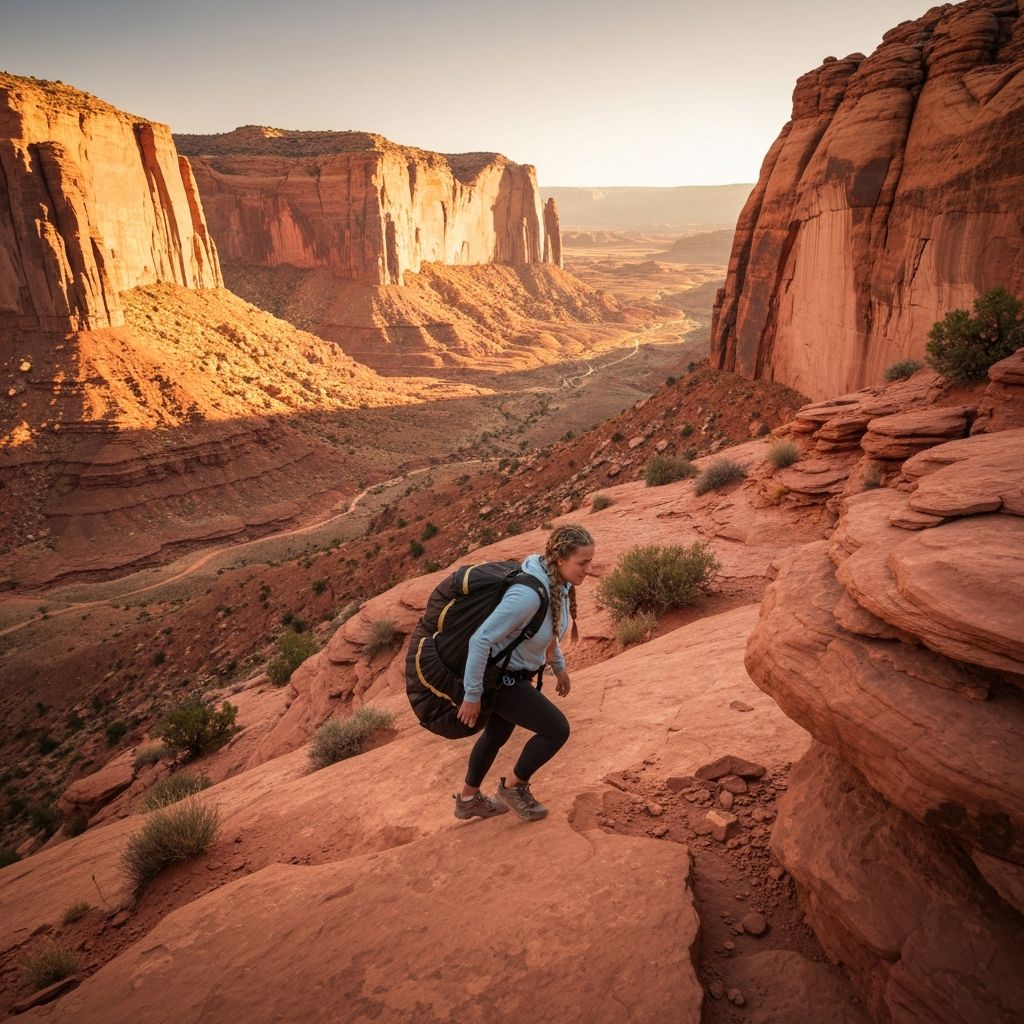 Pilot hiking with paraglider in Moab
